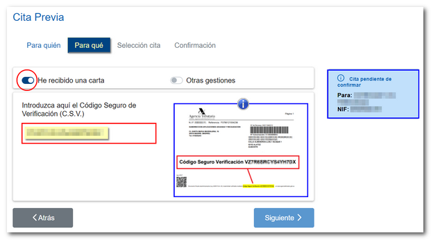 Request for an appointment with the csv of a letter received from the AEAT